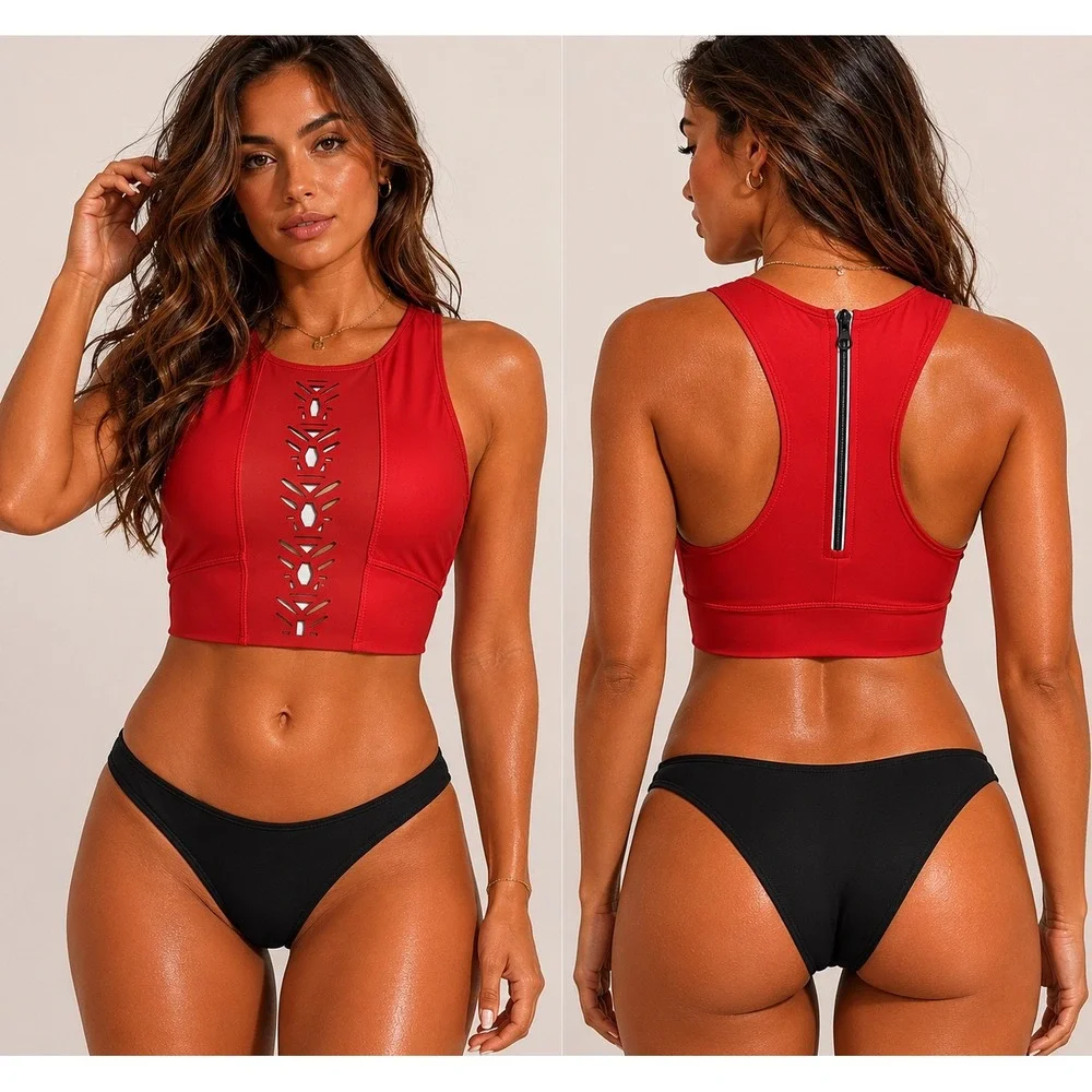 Nani Swimwear‎ Coral Orange Laser Cut High Neck Crop Bikini Top XS Back Zip
